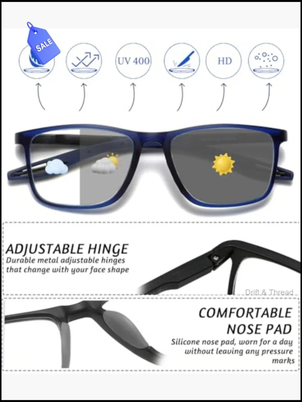 Photochromic Reading Glasses TR90 Sport Readers UV400 Anti Glare